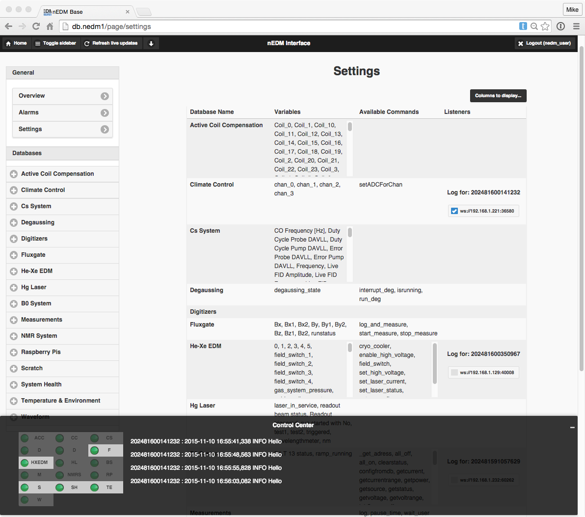 settings screen shot w/ logging